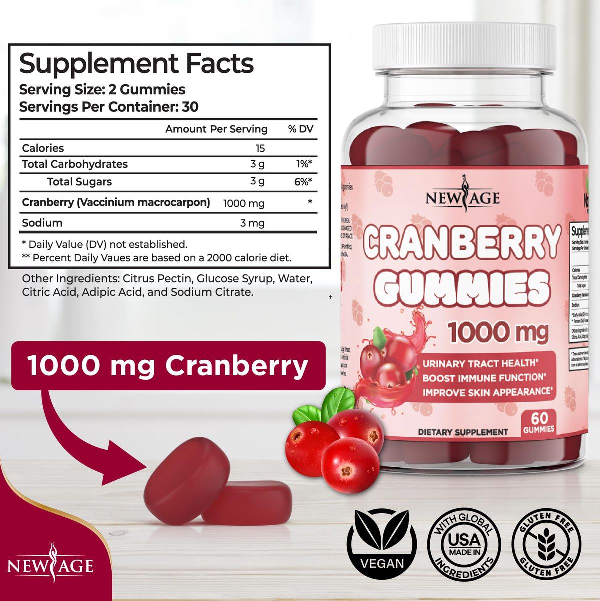 Gummies de Canneberge NEW AGE 1000mg vue de côté du flacon