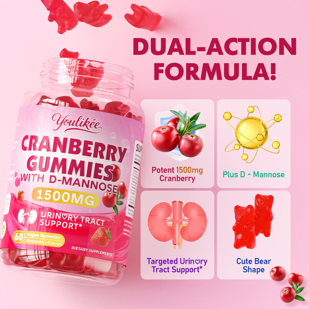 Gummies de Canneberge Youlikee, présentation des gummies sur une table