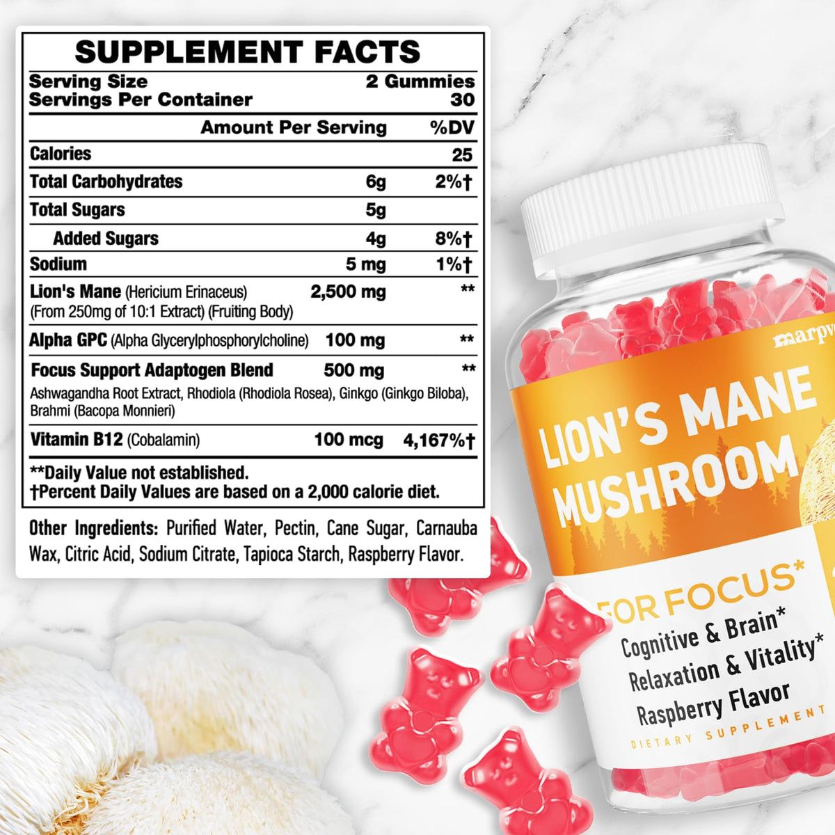 Gummies de champignon lion Marpvore vue arrière avec ingrédients