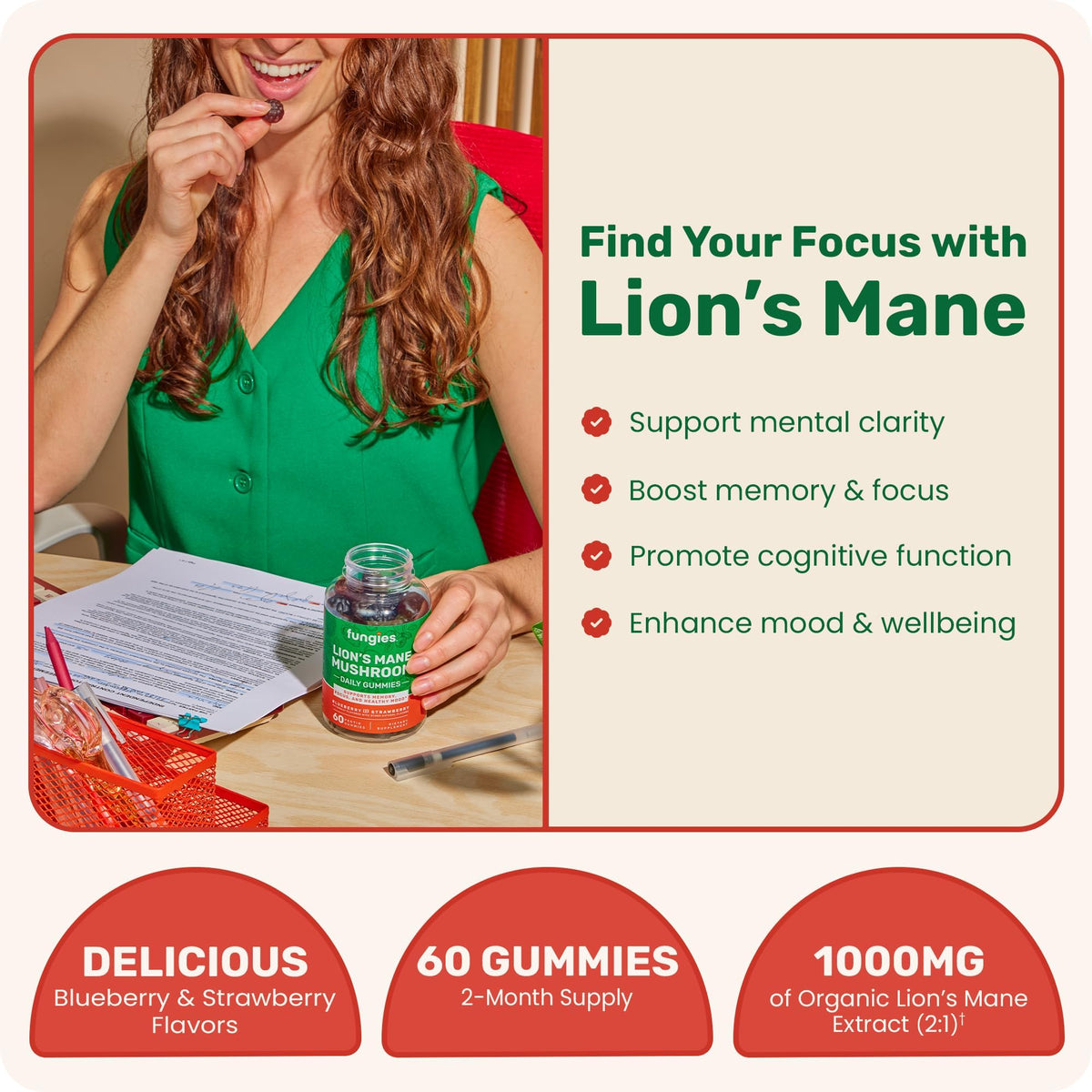 Gummies de champignon Lion's Mane, vue de face avec étiquette