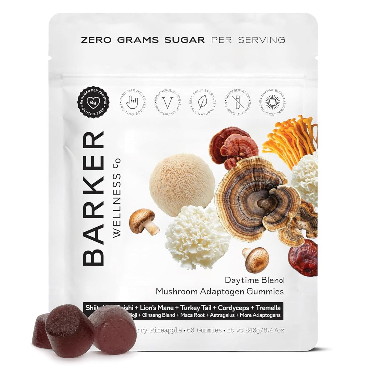 Gummies de champignons Barker Wellness en boîte vue de devant