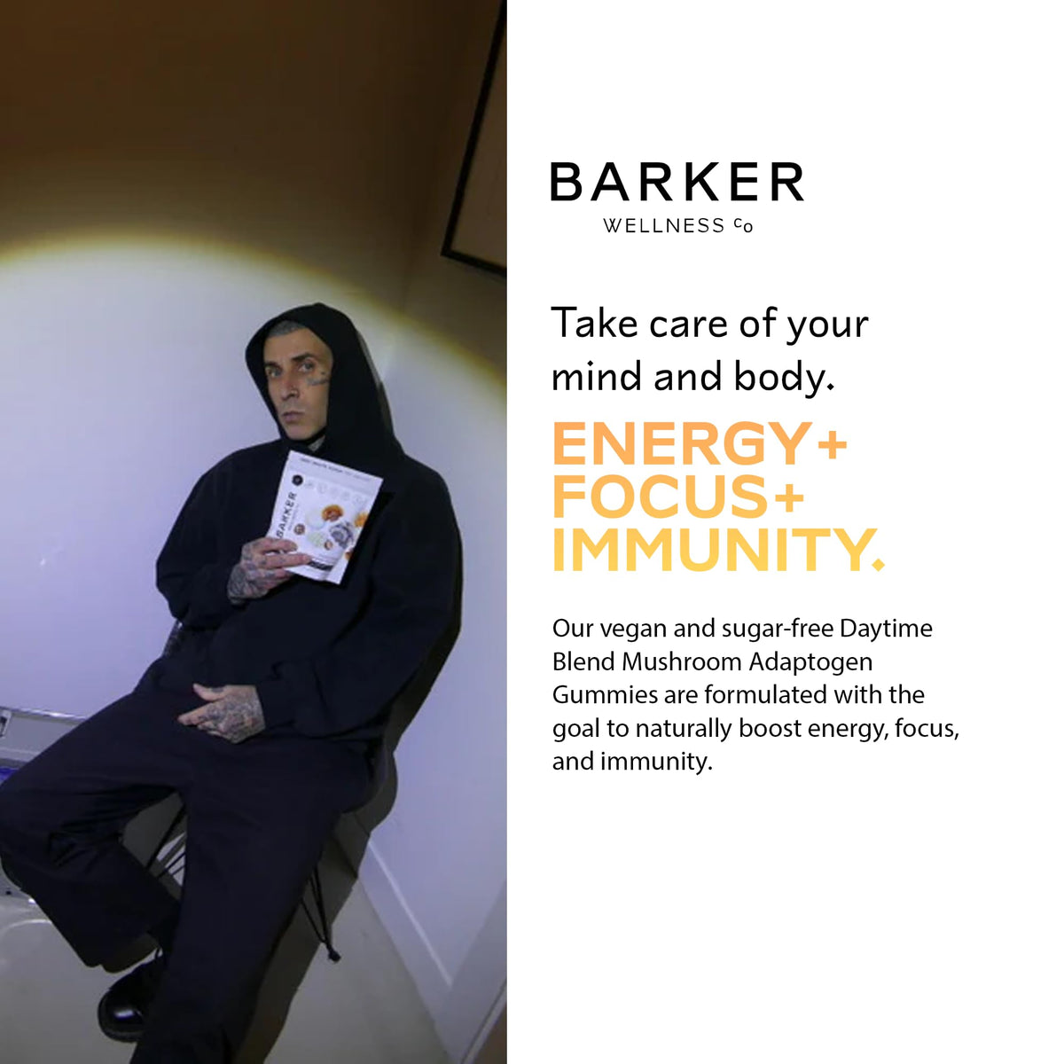 Gummies de champignons Barker Wellness en gros plan sur un fond neutre