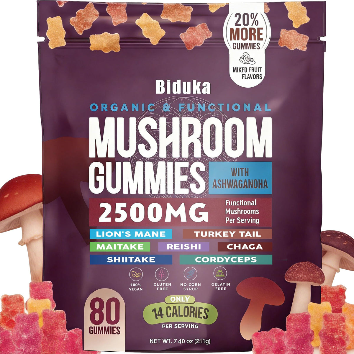 Gummies de champignons Biduka vue de face avec emballage