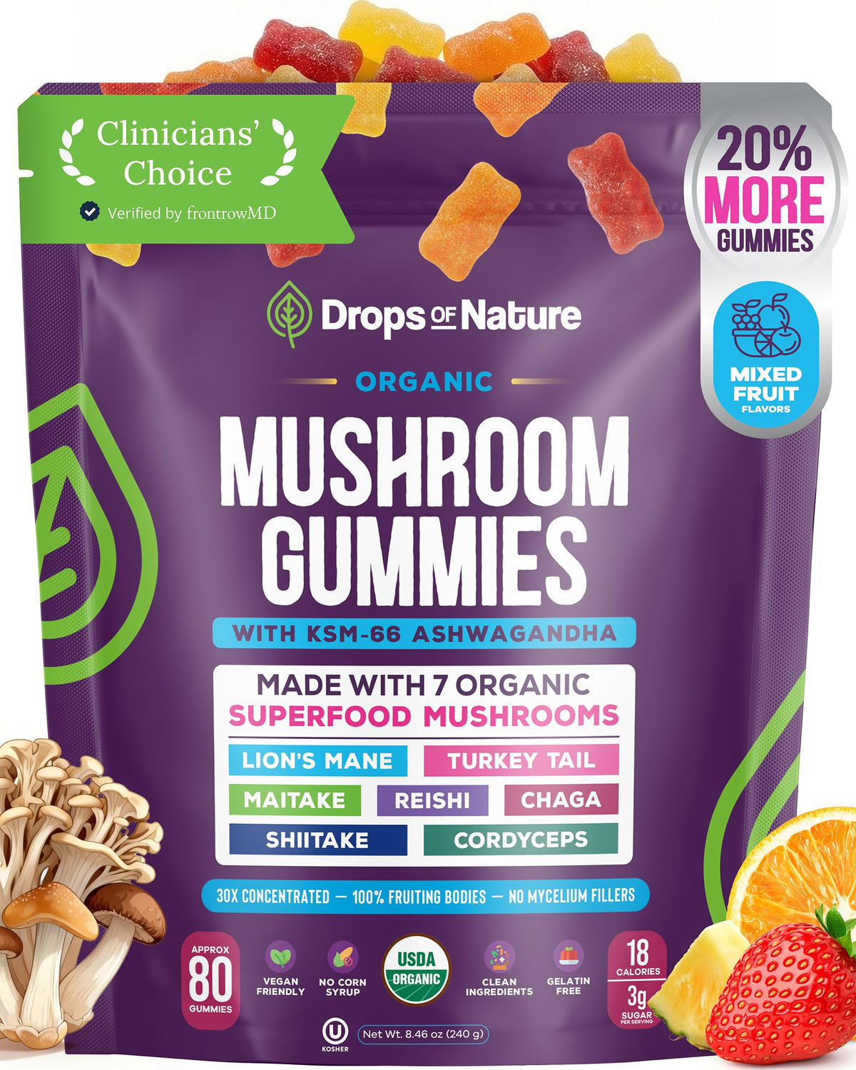 Gummies de champignons biologiques Drops Of Nature, vue de face