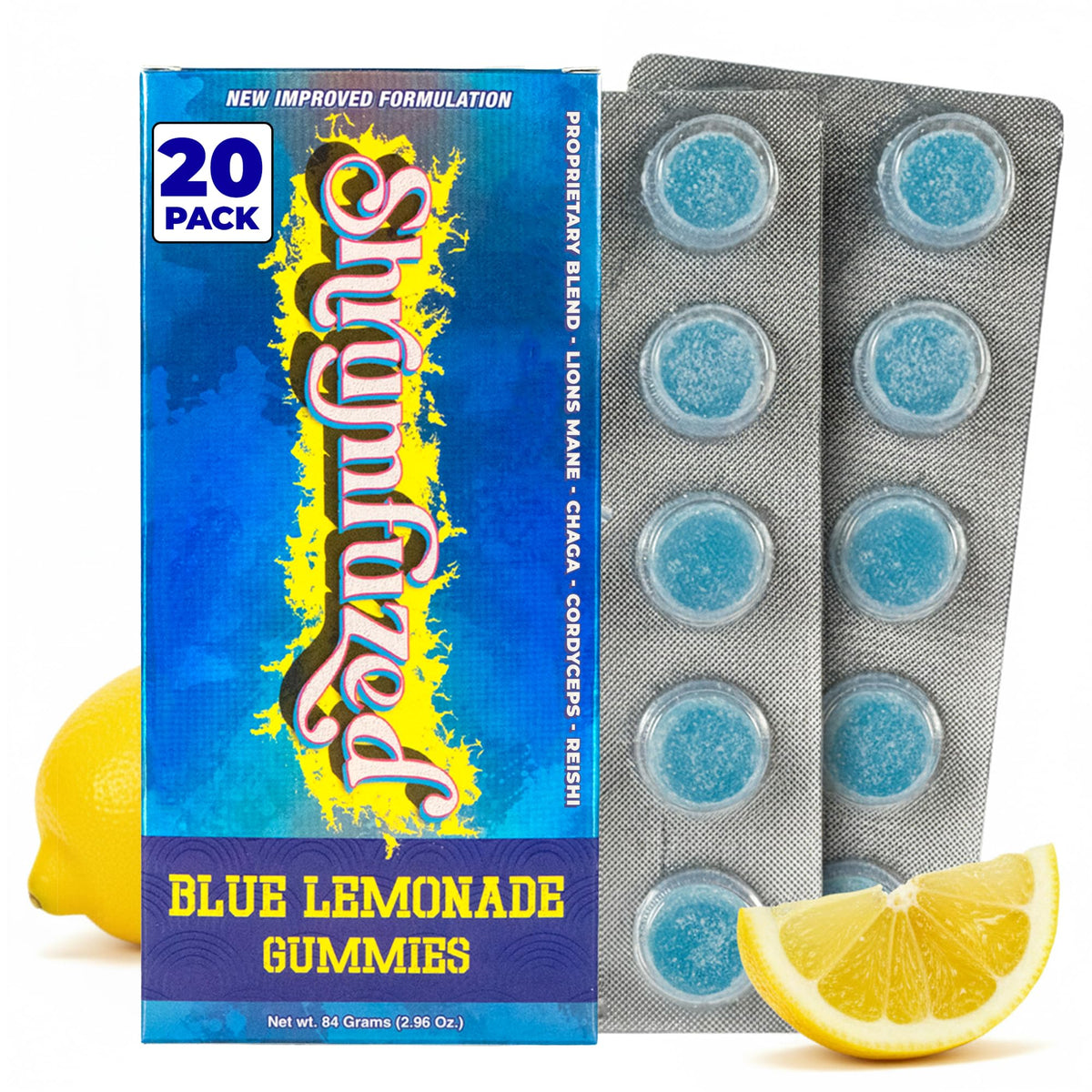 Gummies de champignons Shrumfuzed en boîte, modèle Blue Lemonade