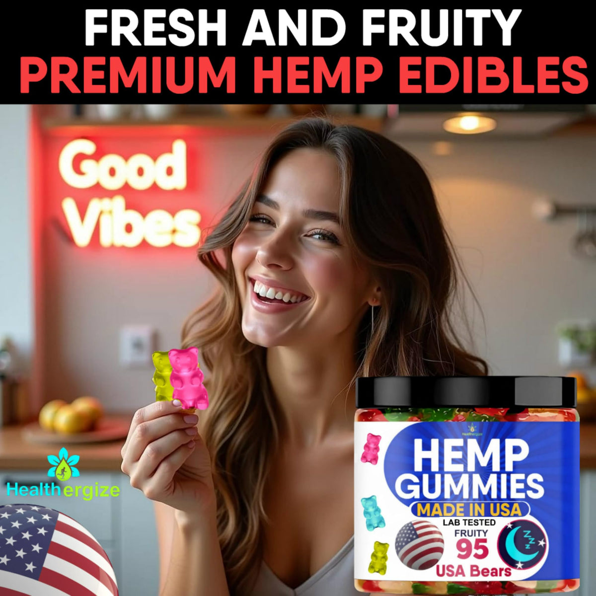 Gummies de Chanvre Healthergize sur une table en bois