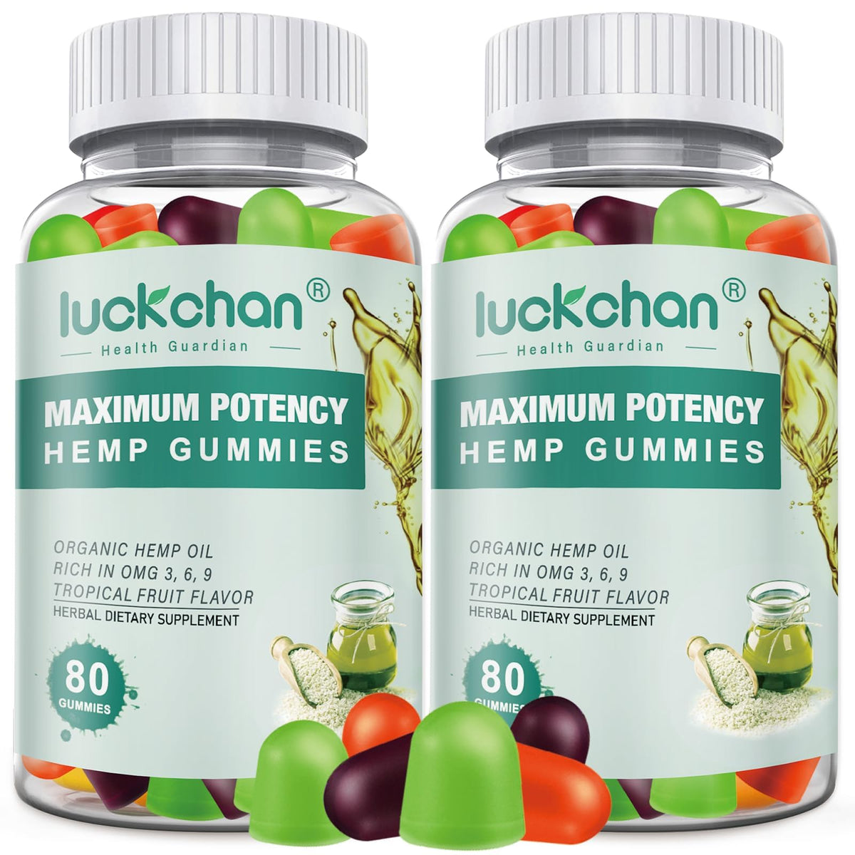 Gummies de chanvre LUCKCHAN en bouteille, vue de face