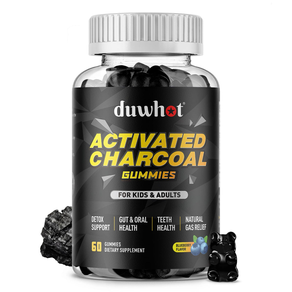 Gummies de charbon actif duwhot 500mg saveur myrtille, vue de face