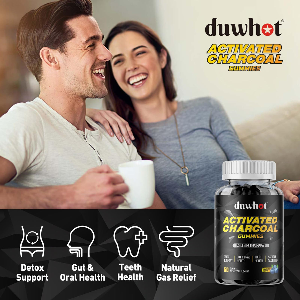Gummies de charbon actif duwhot avec des ingrédients naturels en arrière-plan