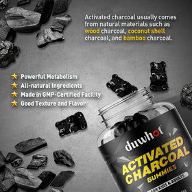 Gummies de charbon actif duwhot dans une main, taille de la portion