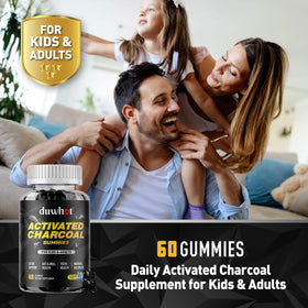 Gummies de charbon actif duwhot sur un fond blanc, présentation produit