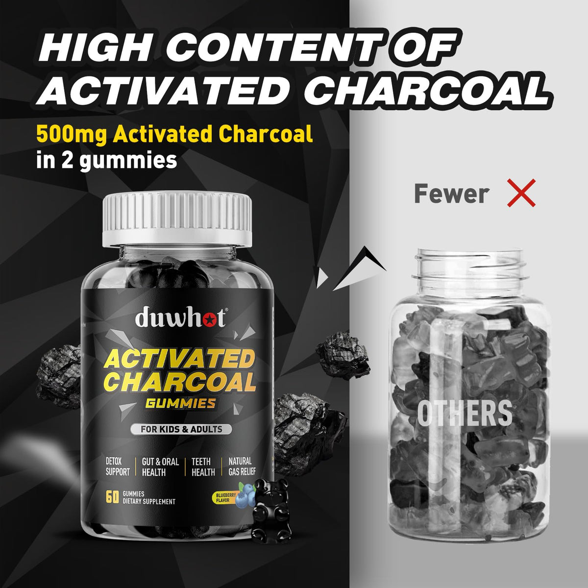 Gummies de charbon actif duwhot sur une table, saveur myrtille