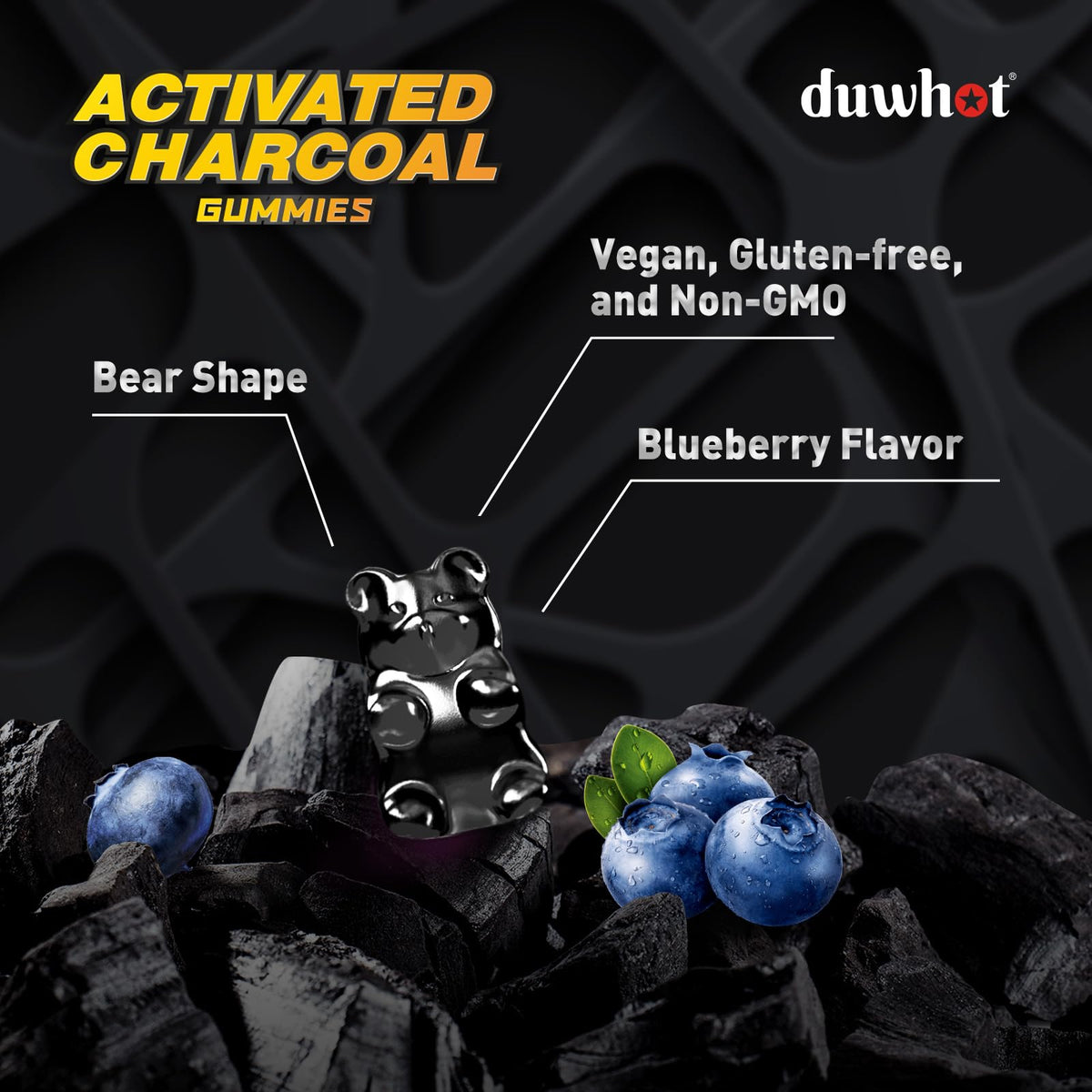 Gummies de charbon actif duwhot, vue de côté montrant la texture