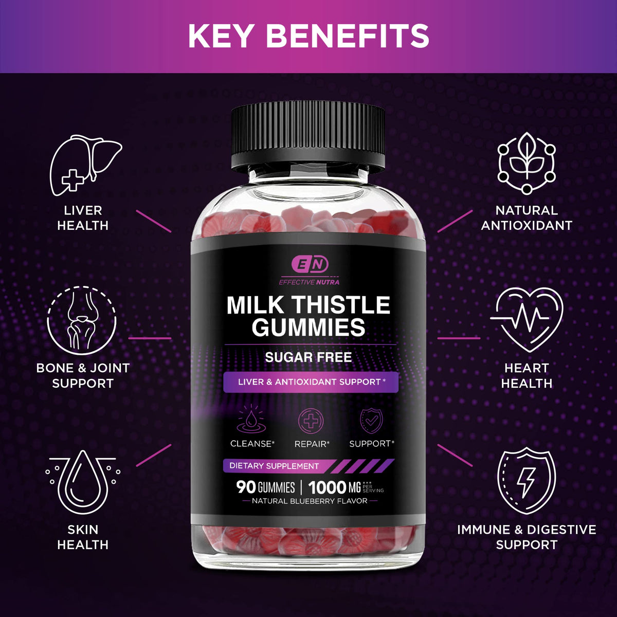 Gummies de Chardon-Marie Effective Nutra avec goût de myrtille