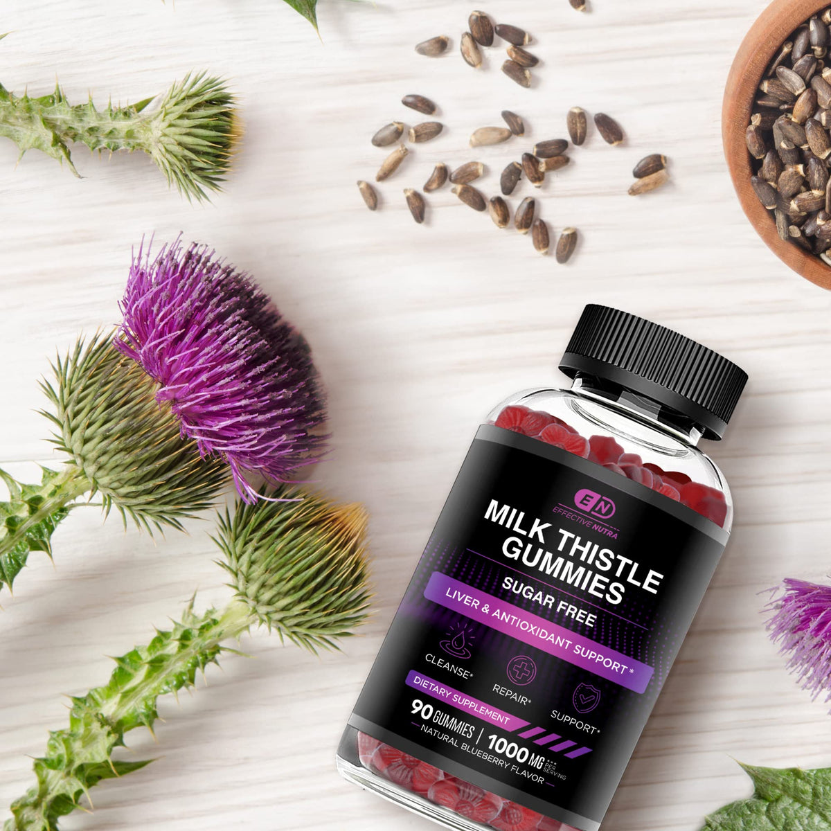 Gummies de Chardon-Marie Effective Nutra en portion sur une assiette