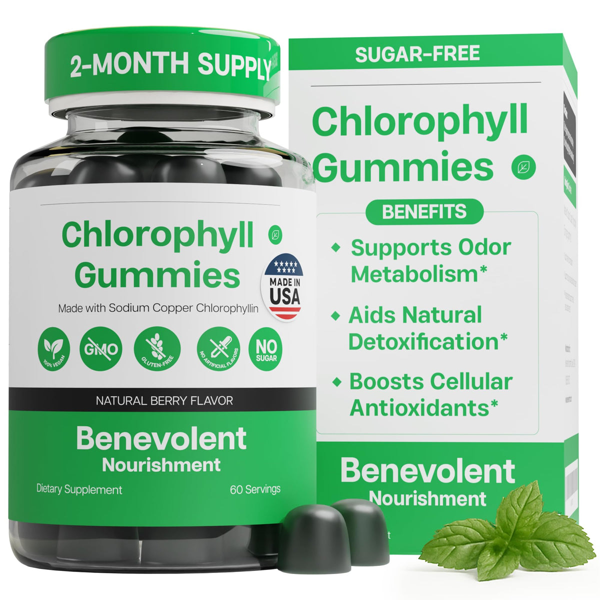 Gummies de chlorophylle Benevolent 60 pièces, vue de face