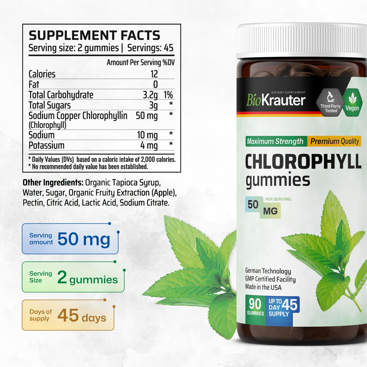Gummies de chlorophylle BIO KRAUTER à côté d'une pomme