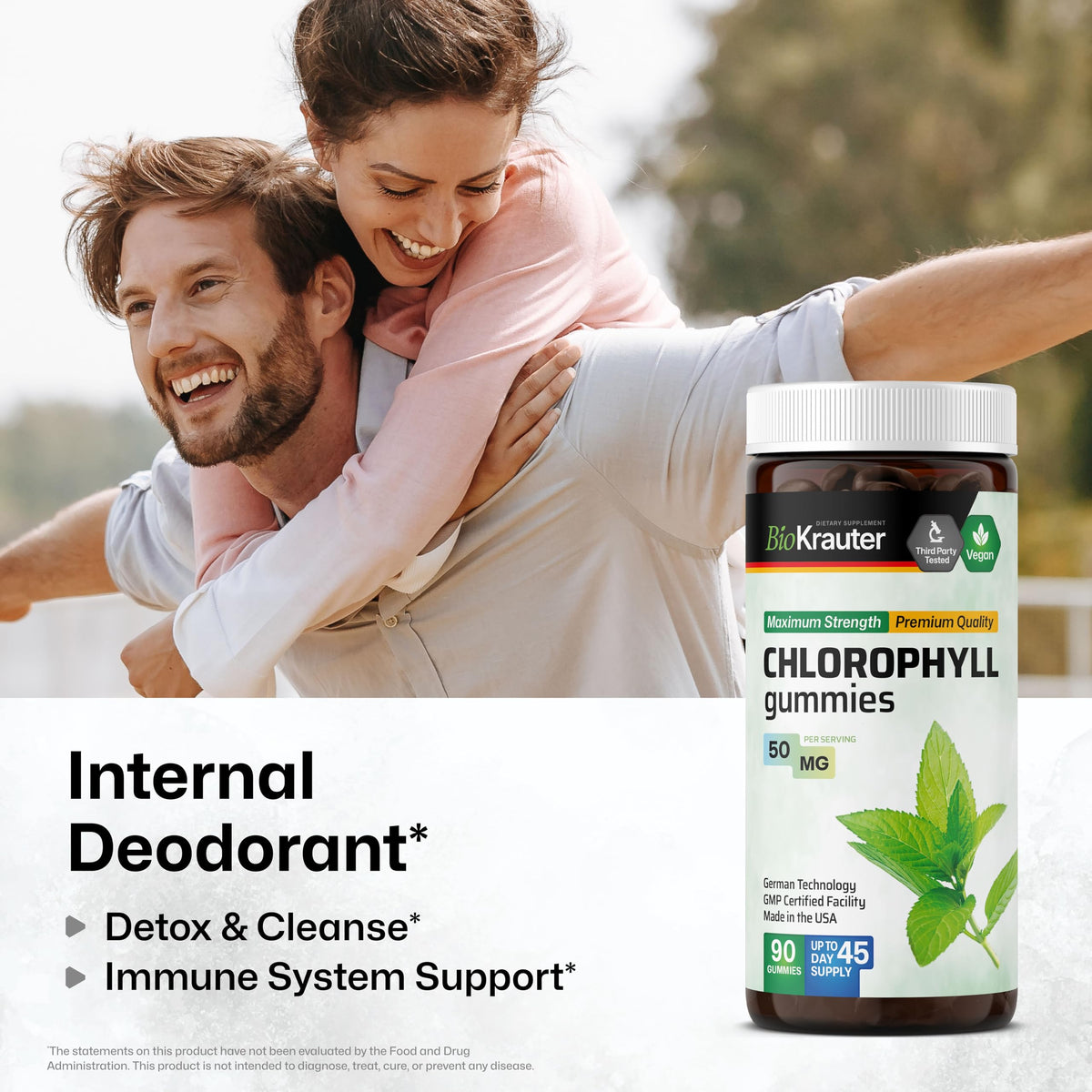 Gummies de chlorophylle BIO KRAUTER montrant leur couleur verte