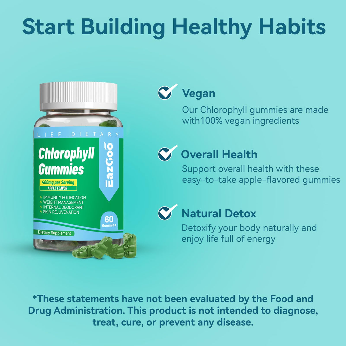 Gummies de chlorophylle EAZGOO sur une table, paquet ouvert