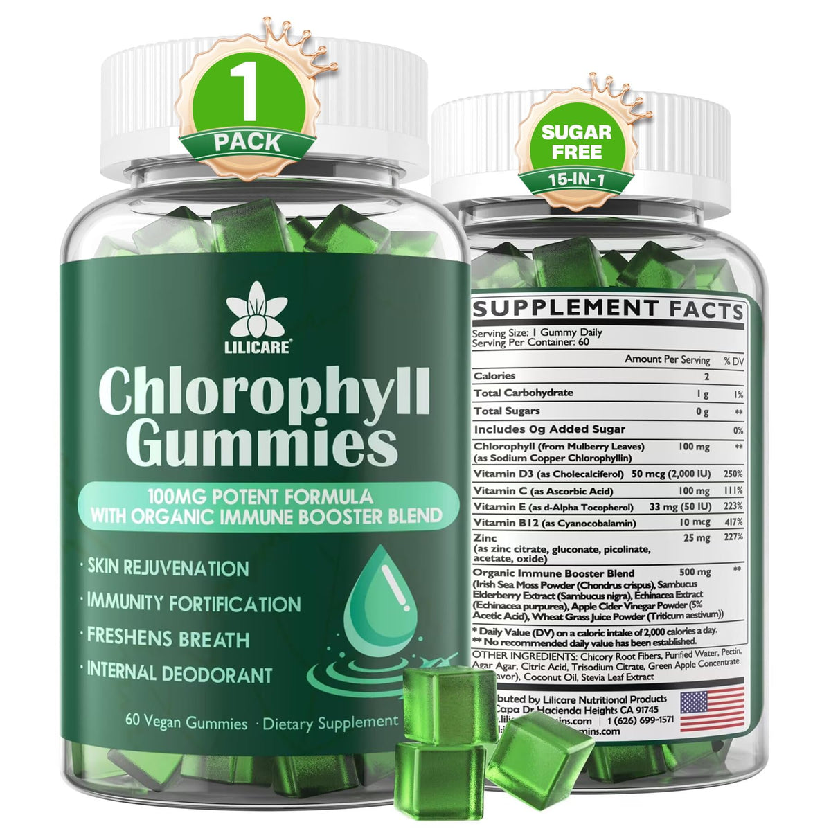 Gummies de chlorophylle LILICARE 60 gummies au goût de pomme verte