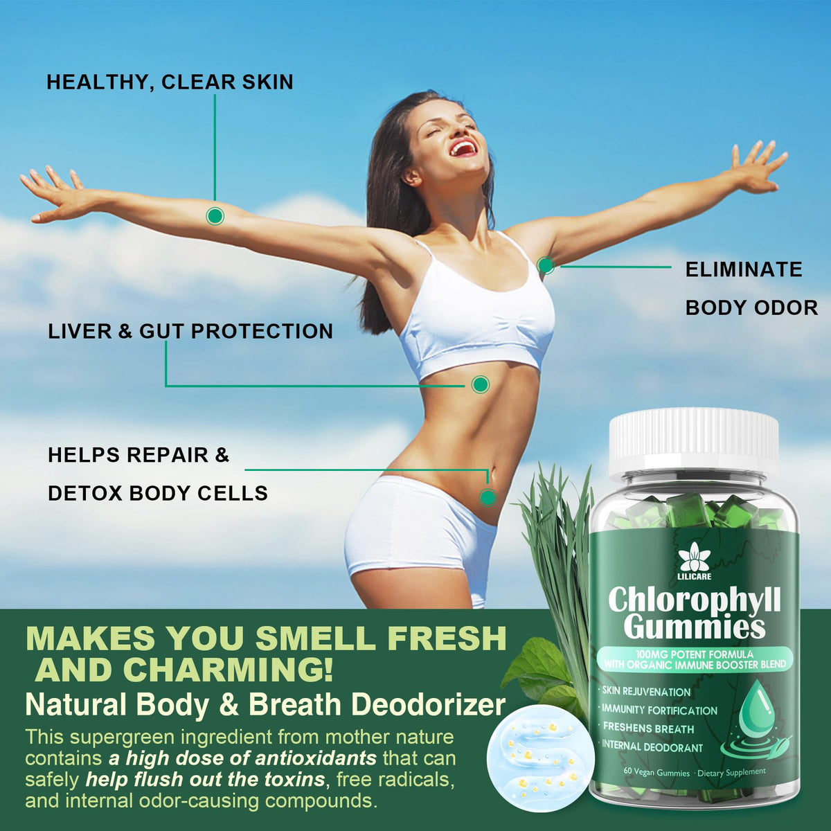 Gummies de chlorophylle LILICARE avec algue marine et sureau, ingrédients