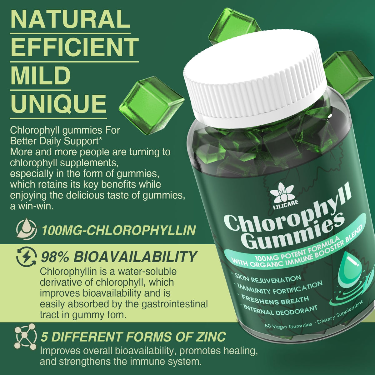 Gummies de chlorophylle LILICARE, gros plan sur les gummies