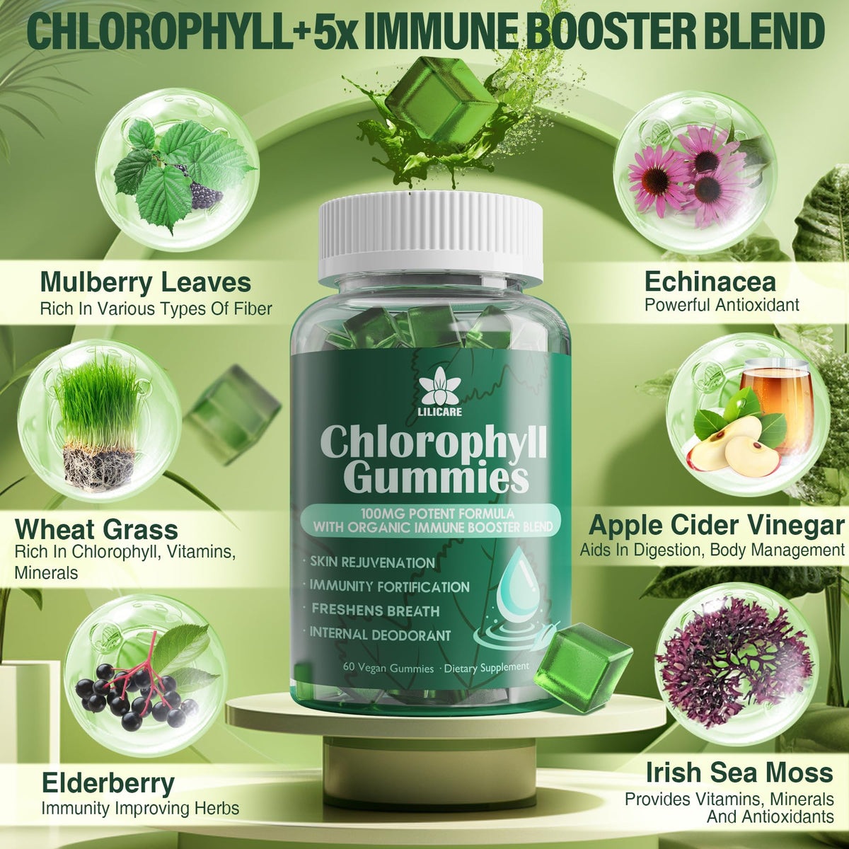 Gummies de chlorophylle LILICARE sur une table en bois