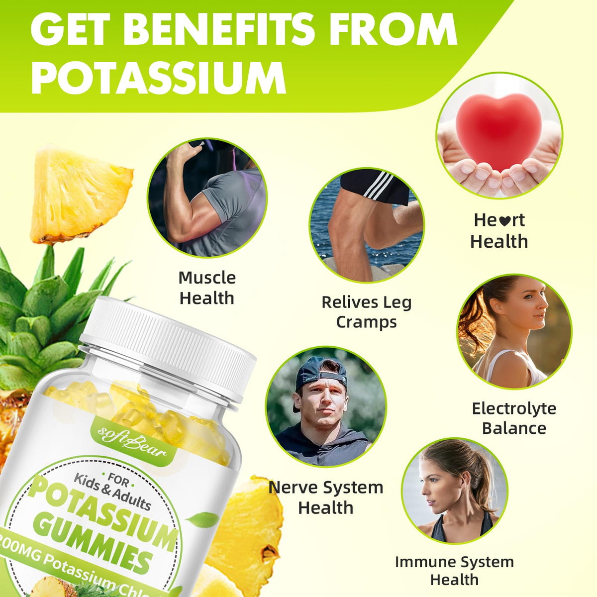 Gummies de chlorure de potassium softbear, dosage recommandé de 2 gummies