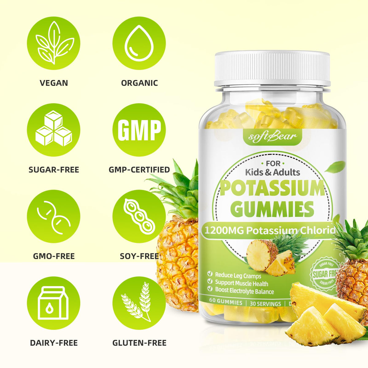 Gummies de chlorure de potassium softbear, pot ouvert avec gummies visibles
