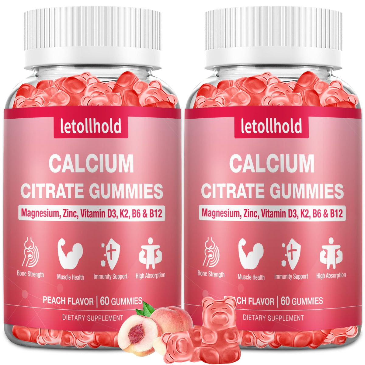 Gummies de citrate de calcium 1200 mg au goût de pêche, pot de 120 unités