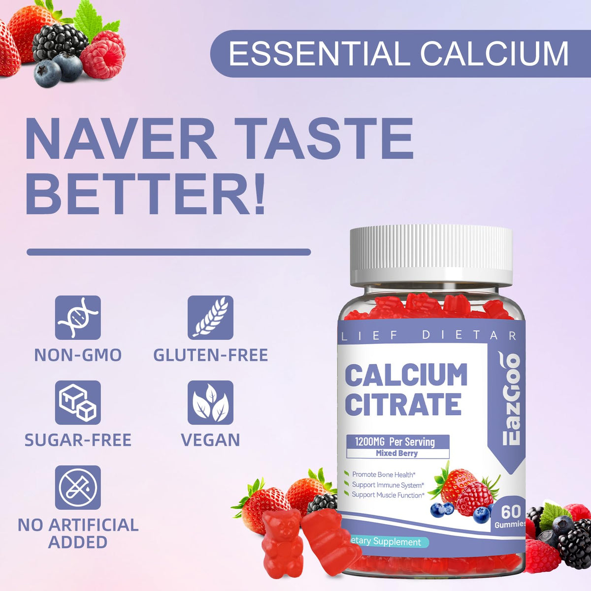 Gummies de citrate de calcium EAZGOO 1200mg, ingrédients naturels
