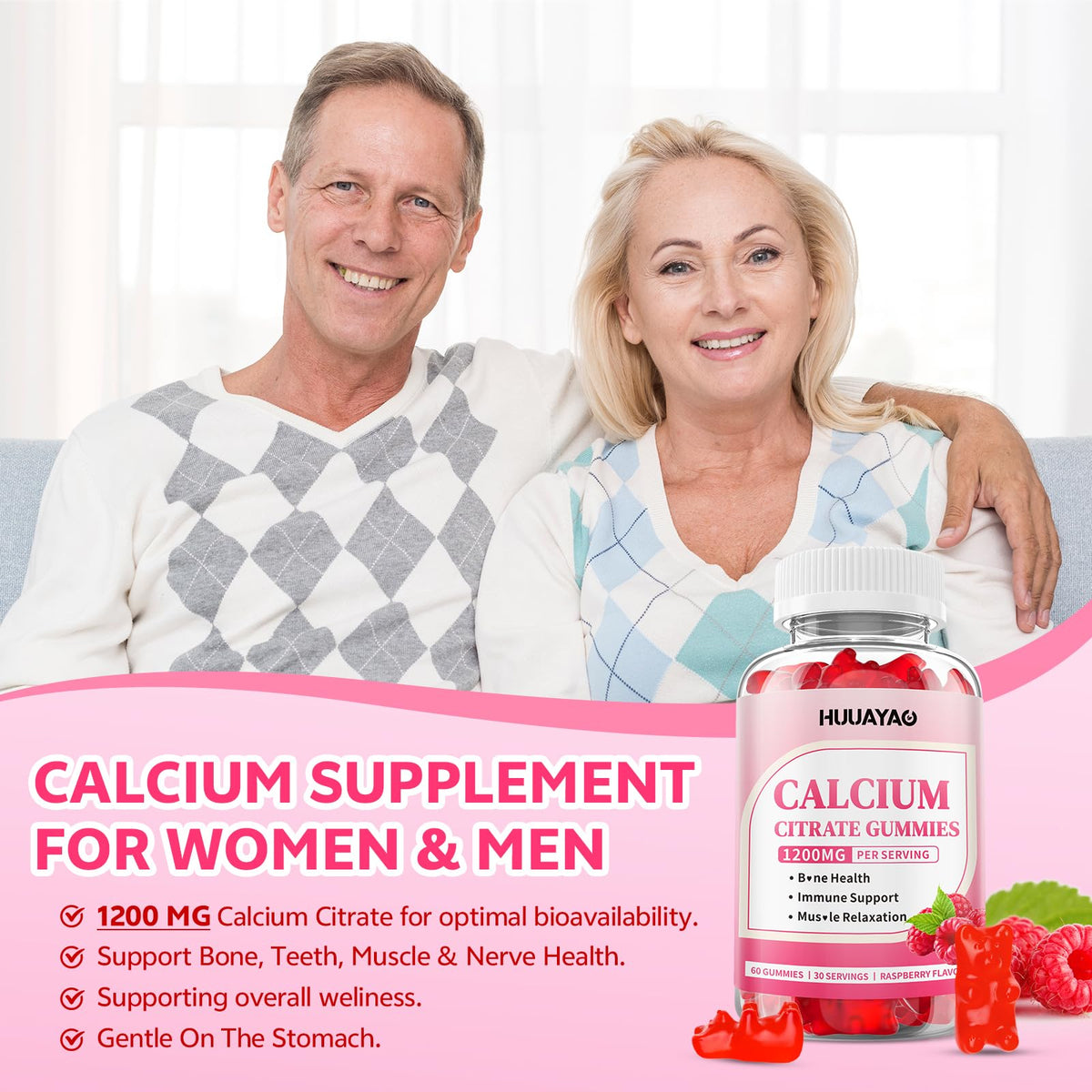 Gummies de citrate de calcium HUUAYAO, présentation sur une table