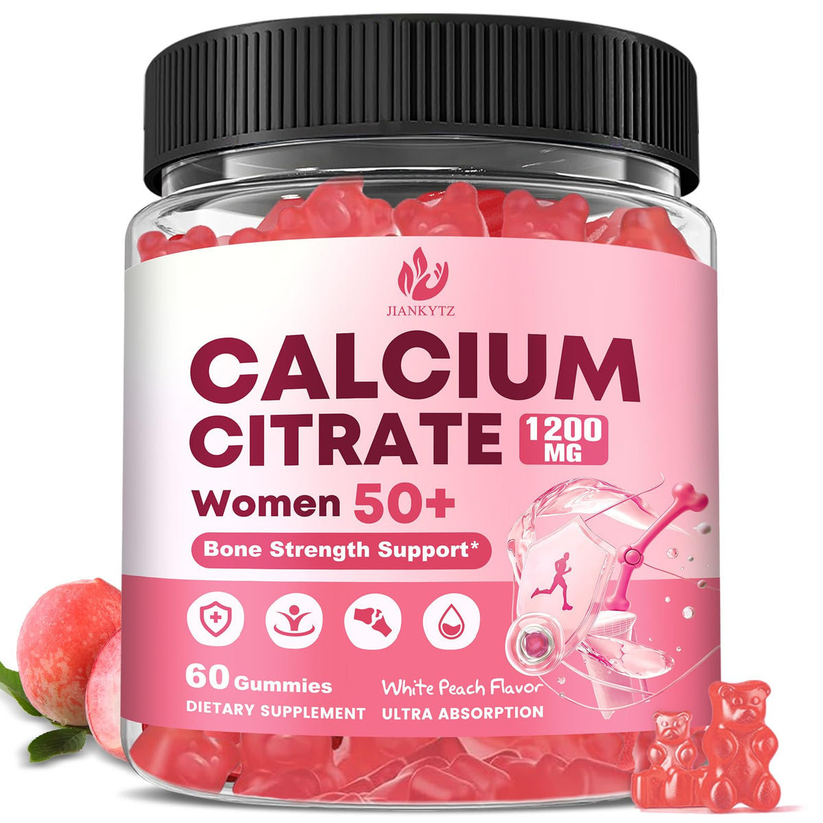 Gummies de citrate de calcium JIANKYTZ en boîte avec étiquette blanche et pêche blanche