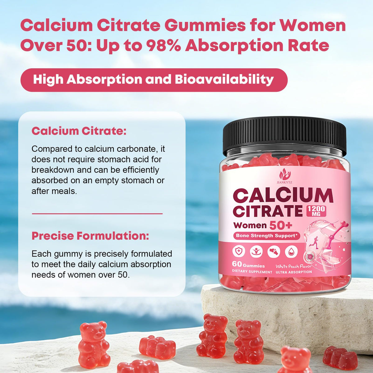 Gummies de citrate de calcium JIANKYTZ sur une table en bois