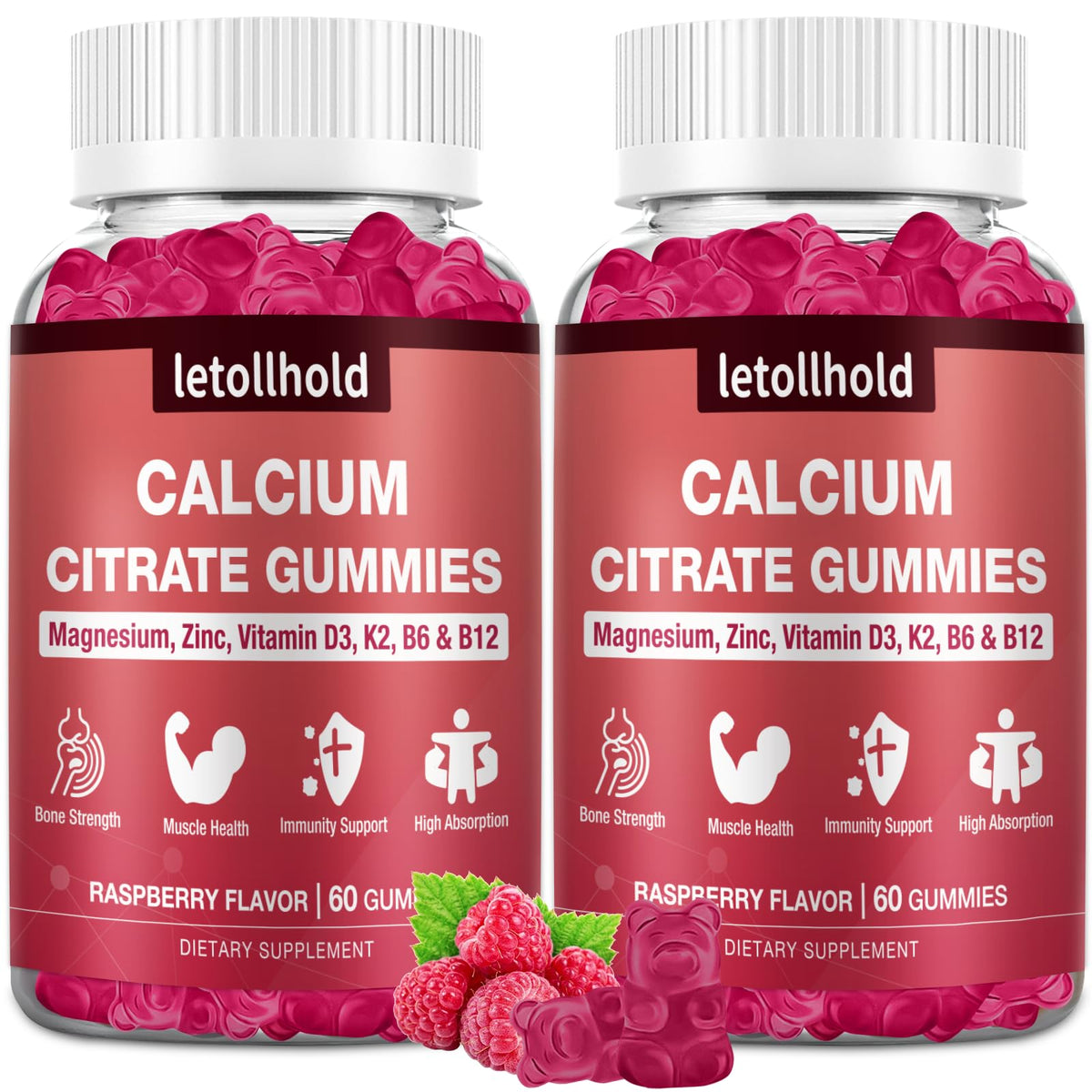 Gummies de citrate de calcium letollhold avec saveur framboise, 1200 mg