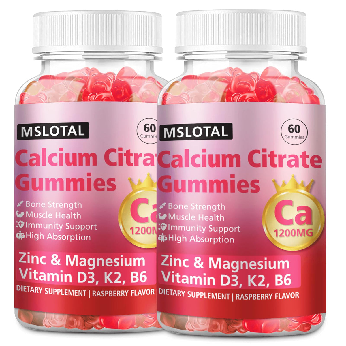 Gummies de citrate de calcium MSLOTAL 1200 mg avec vitamine D3, vue avant