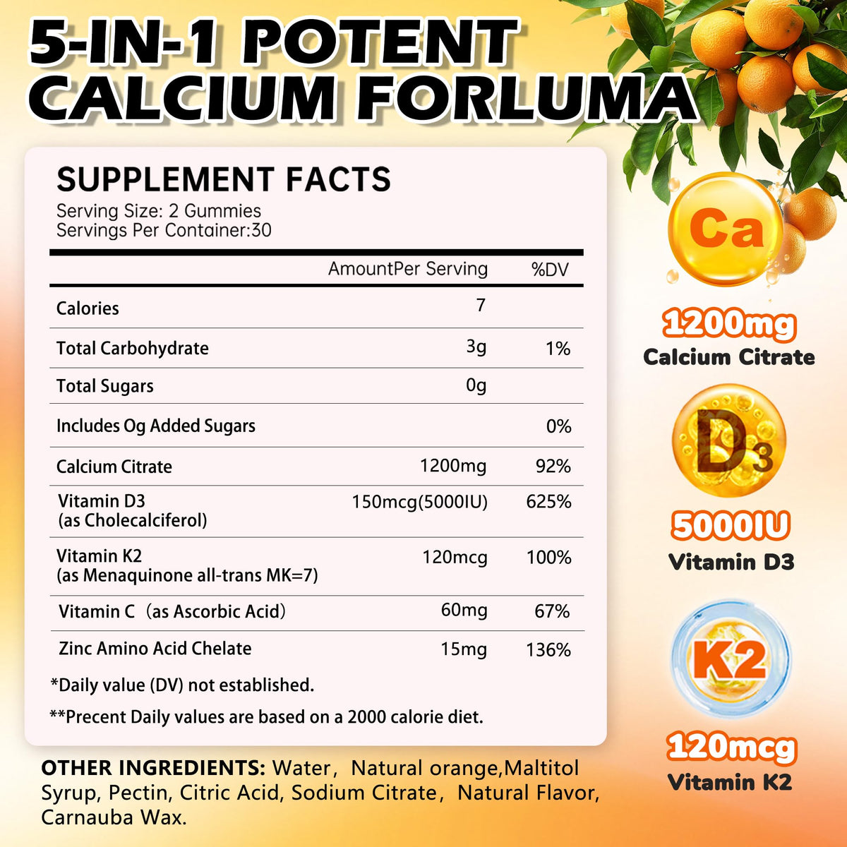 Gummies de citrate de calcium tsunshnes avec une orange à côté