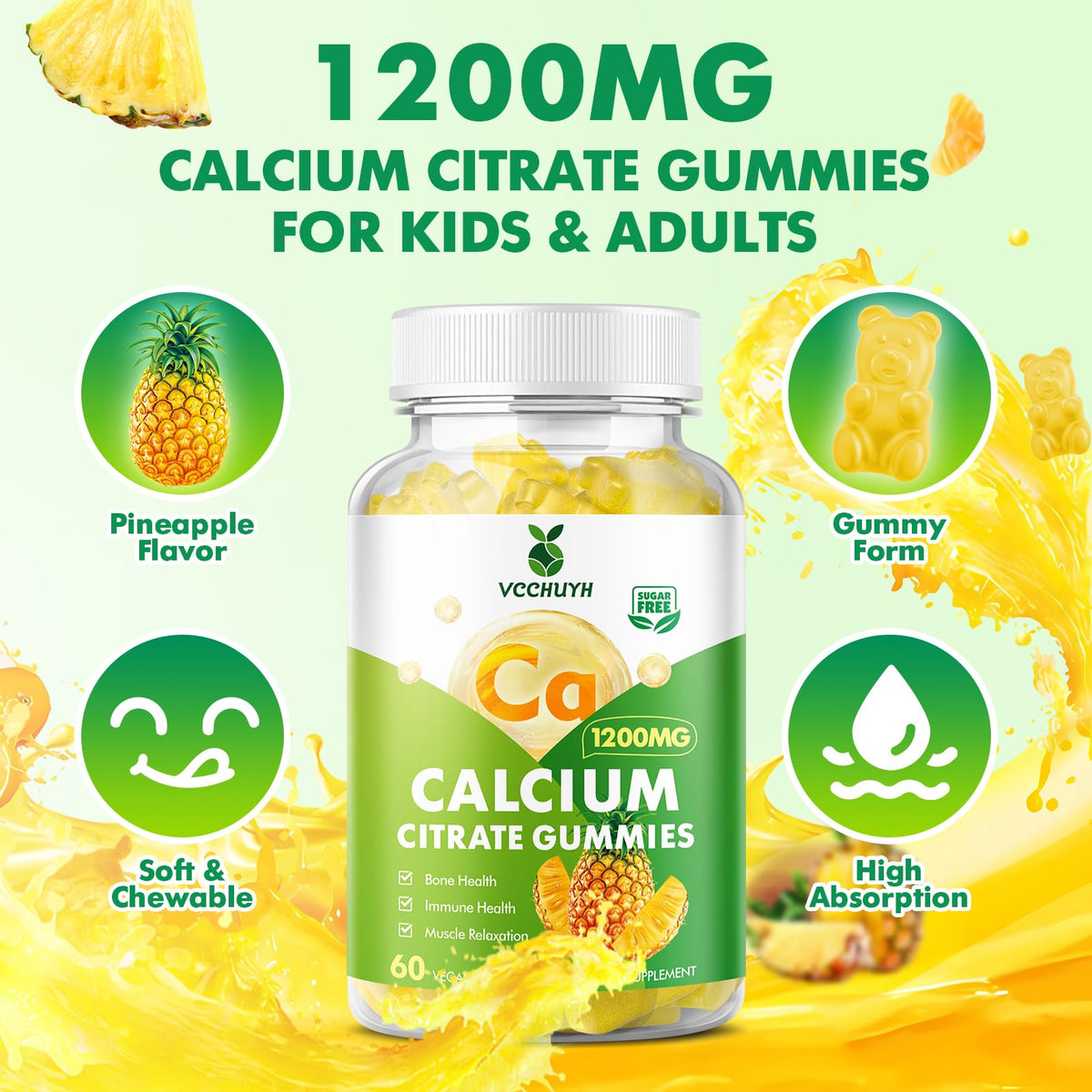 Gummies de citrate de calcium VCCHUYH 1200 mg, détail sur le goût ananas