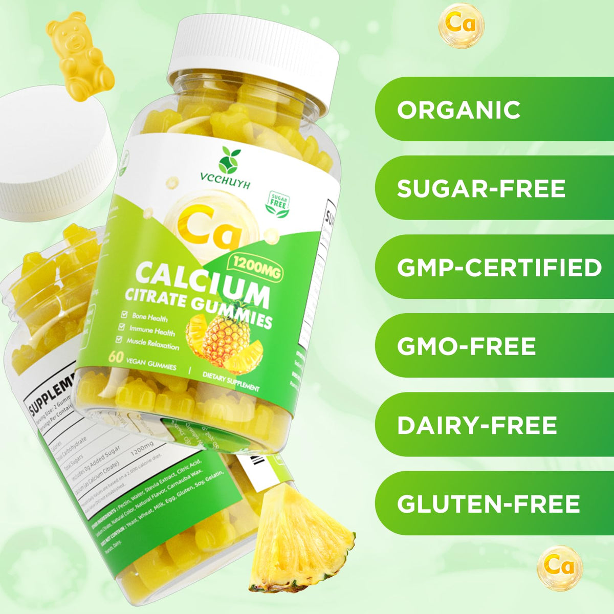 Gummies de citrate de calcium VCCHUYH 1200 mg, montrant la taille des gummies