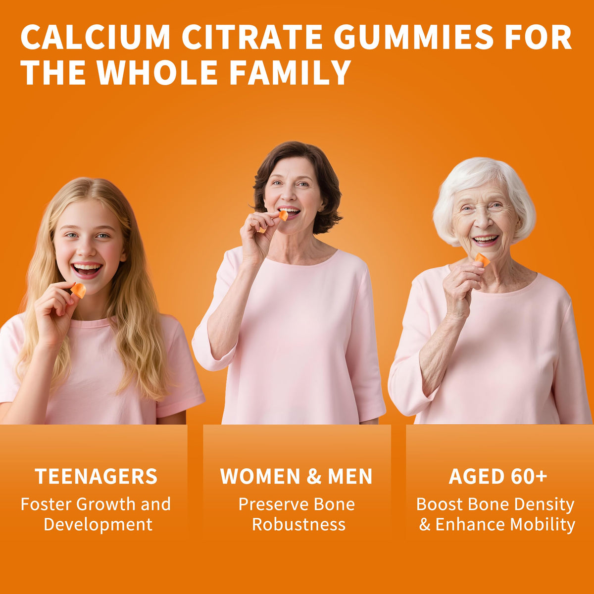 Gummies de citrate de calcium Wanish, couleur orange, présentation sur une table