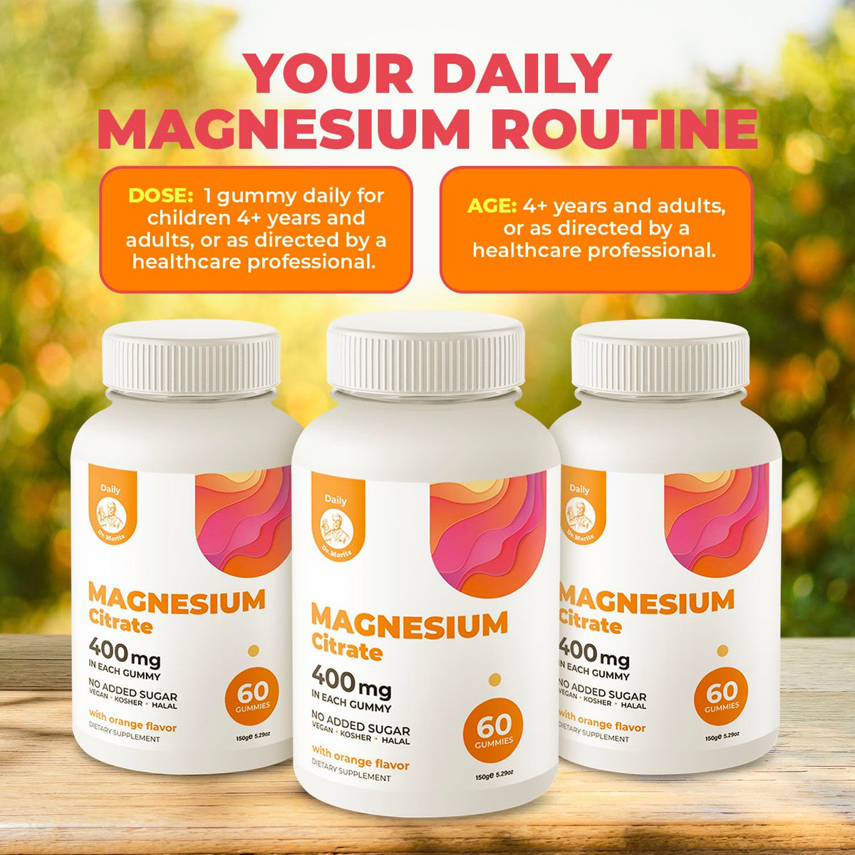 Gummies de Citrate de Magnésium DR. MORITZ, mise en scène avec des fruits
