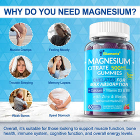 Gummies de citrate de magnésium ELLAMENTZ, avec ingrédients naturels en arrière-plan