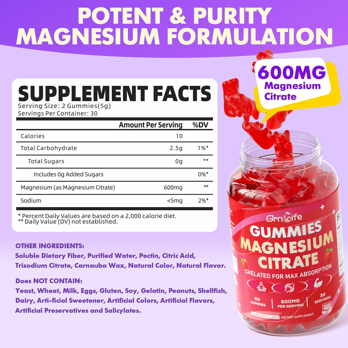 Gummies de citrate de magnésium GrnLife, texture agréable et couleur fraise