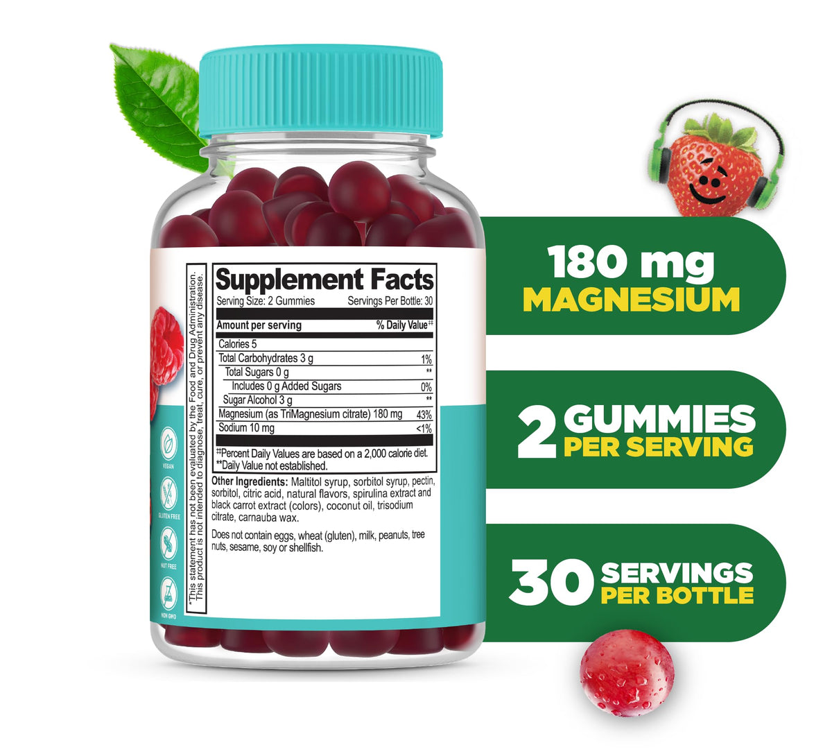Gummies de citrate de magnésium Lifeable, vue arrière, ingrédients et informations