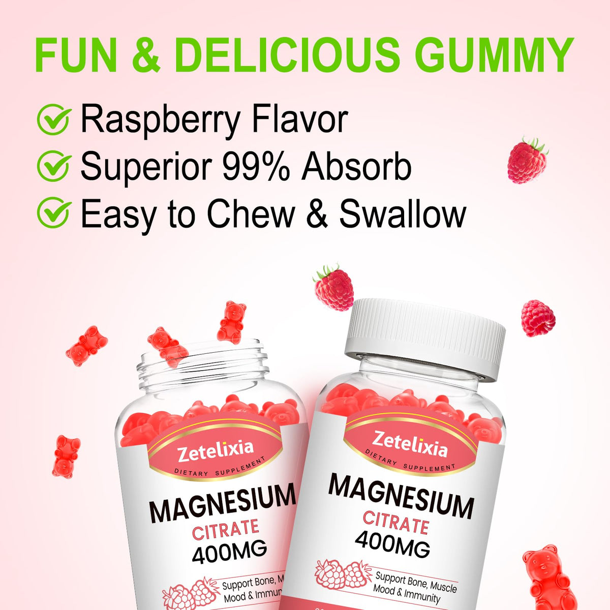 Gummies de Citrate de Magnésium Zetelixia avec des ingrédients naturels en arrière-plan