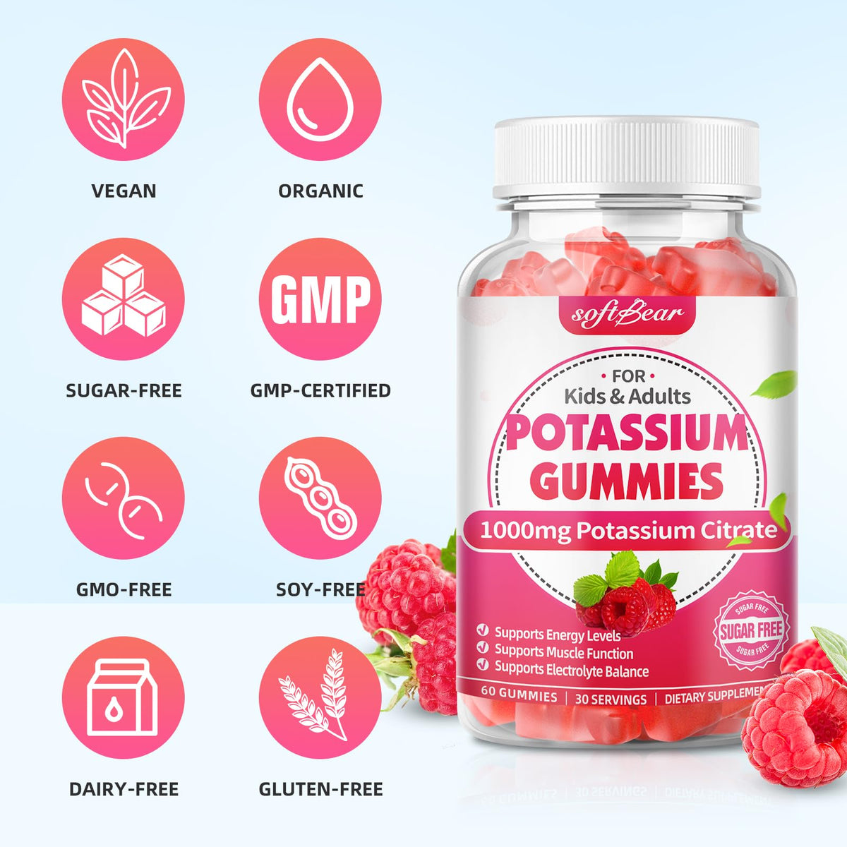 Gummies de Citrate de Potassium 1000mg softbear, affichage des ingrédients