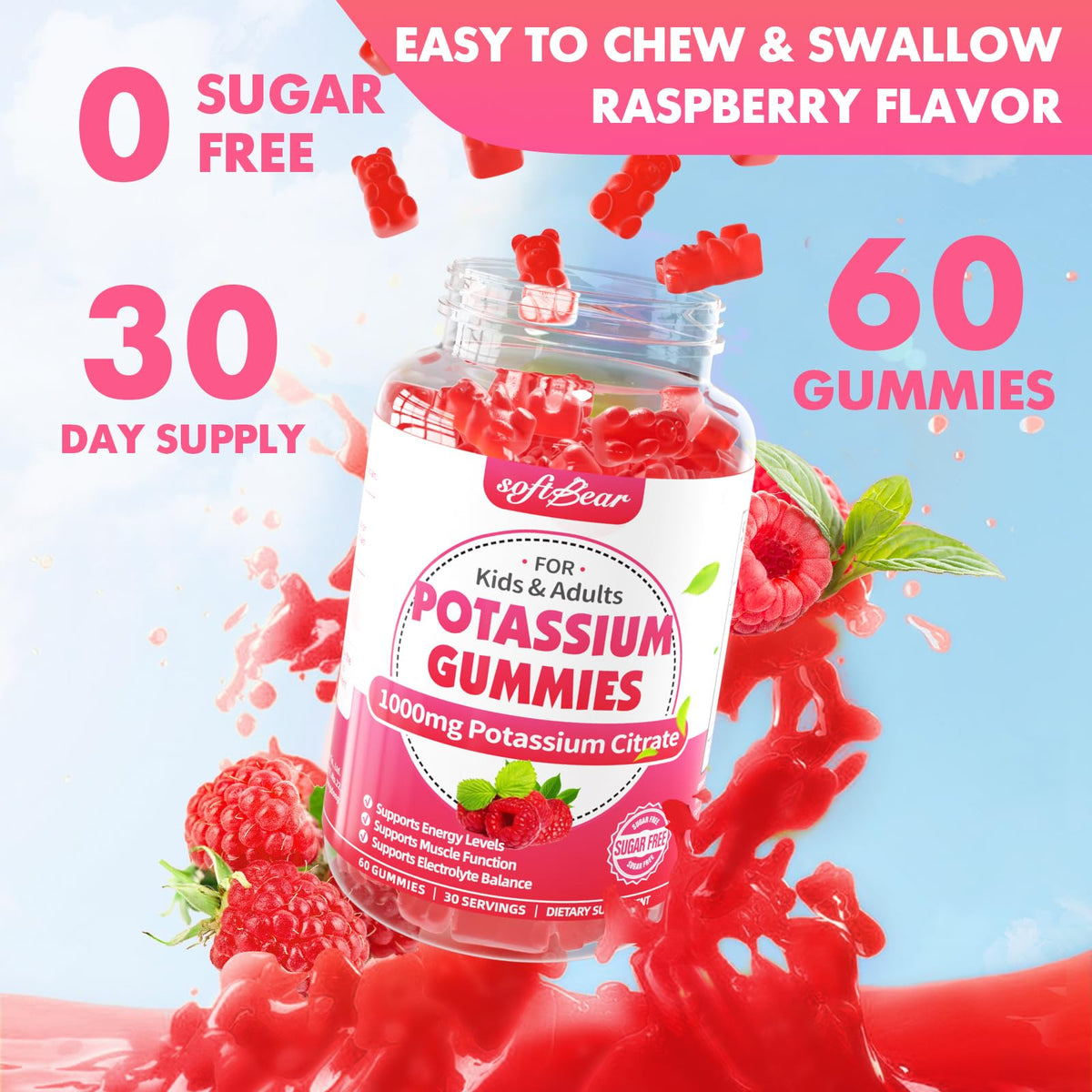 Gummies de Citrate de Potassium 1000mg softbear, gros plan sur la texture