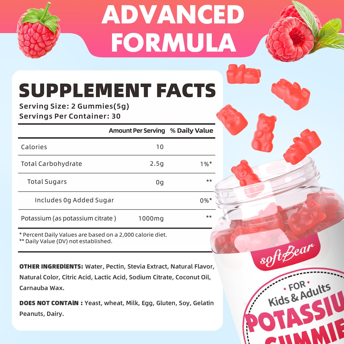 Gummies de Citrate de Potassium 1000mg softbear, vue arrière de l'emballage