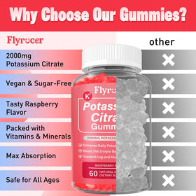 Gummies de Citrate de Potassium Flyrocer, vue d'ensemble avec des fruits frais en arrière-plan