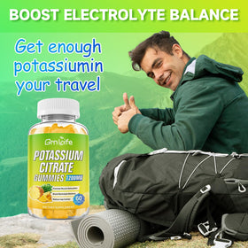 Gummies de citrate de potassium GrnLife avec des ingrédients naturels en arrière-plan